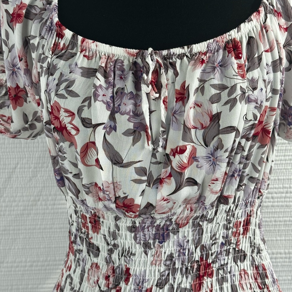 Floral Smocked Waist Maxi Dress in White with Red & Purple Flowers Prairie - Picture 11 of 15